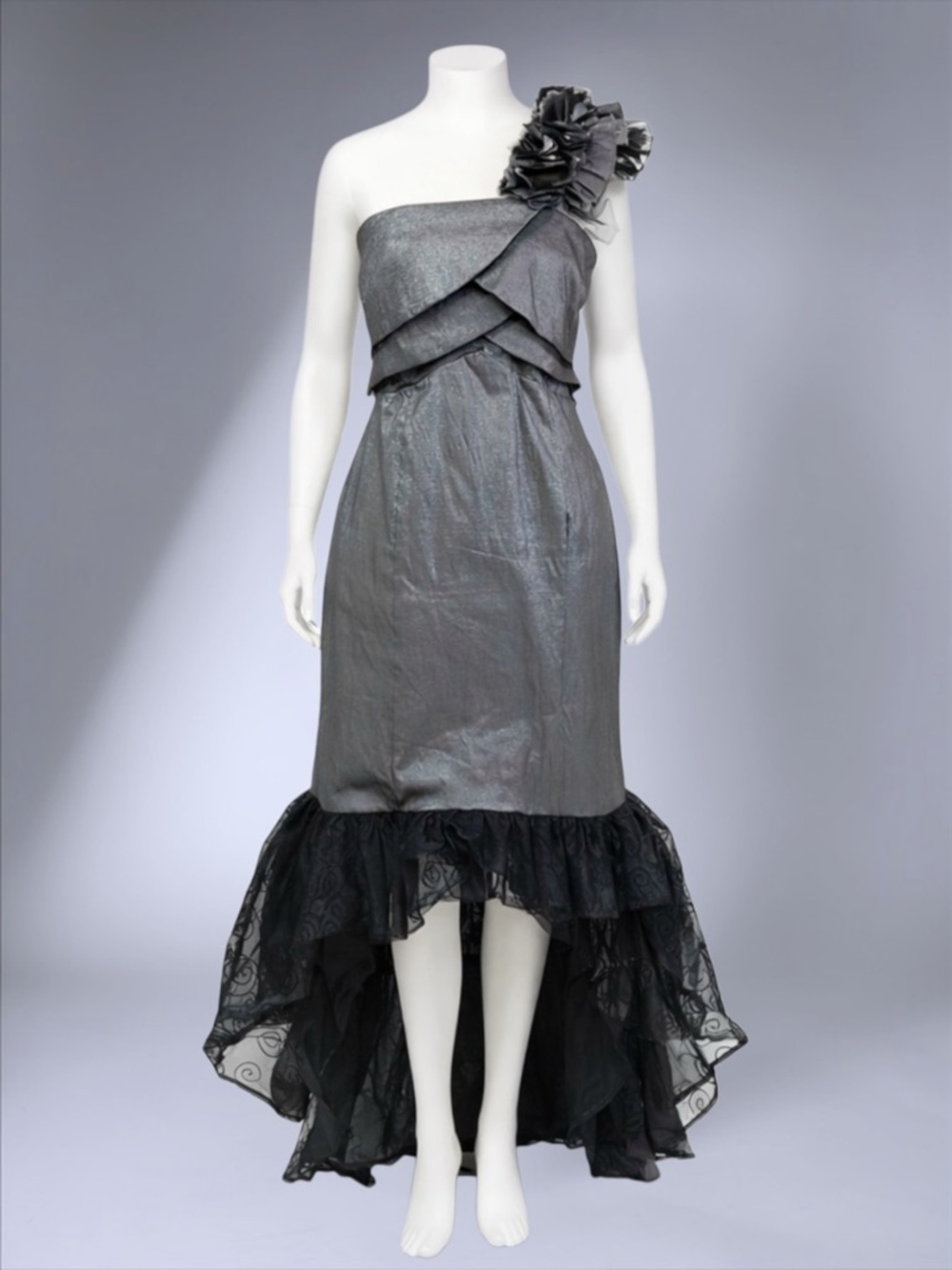 Snap A-Line Metallic Floral One-Shoulder Asymmetrical Tulle Maxi Dress - Picture 1 of 10
